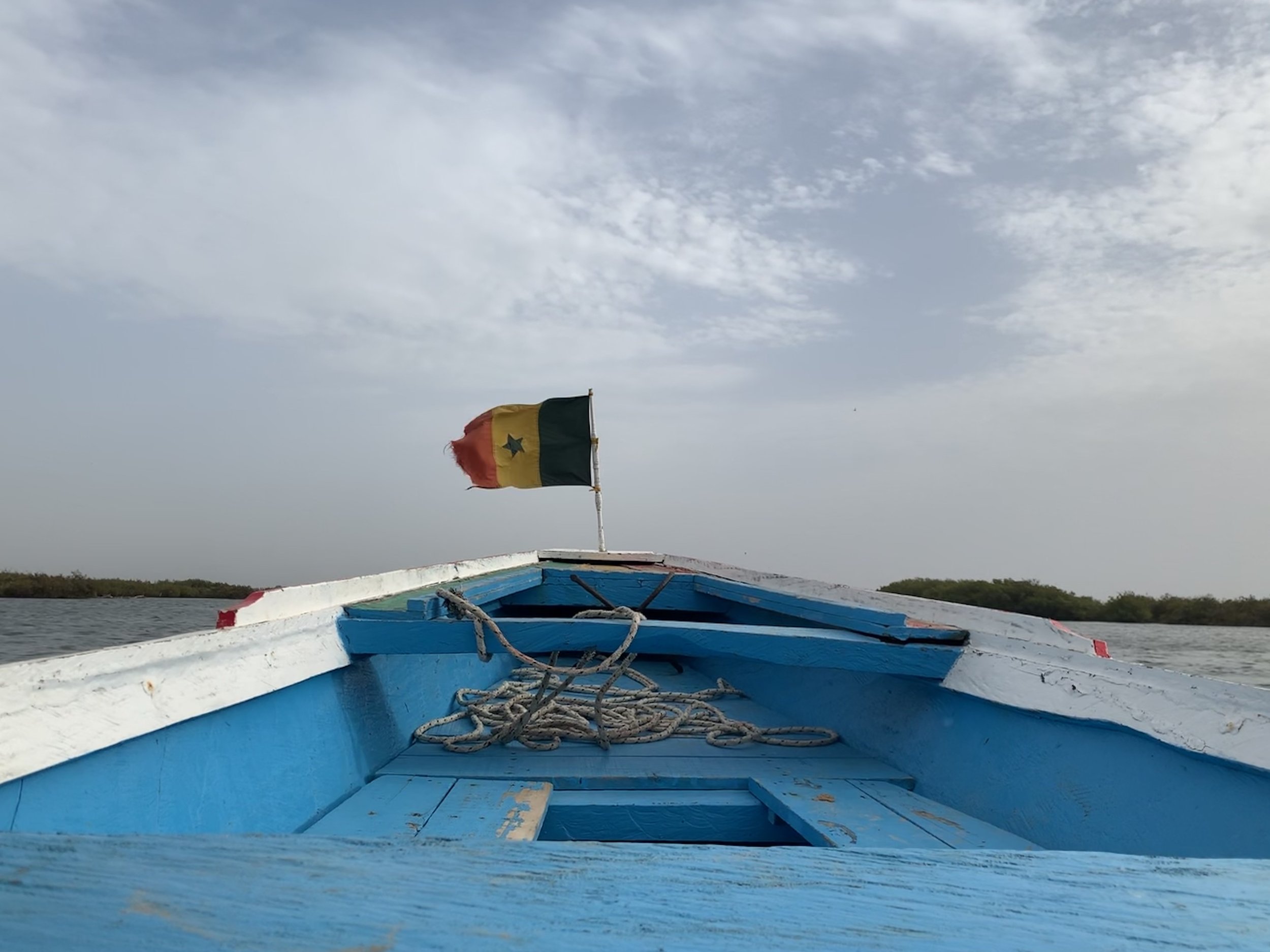 View from the front of a blue boat on water, featuring a Senegalese flag flying against a cloudy sky.