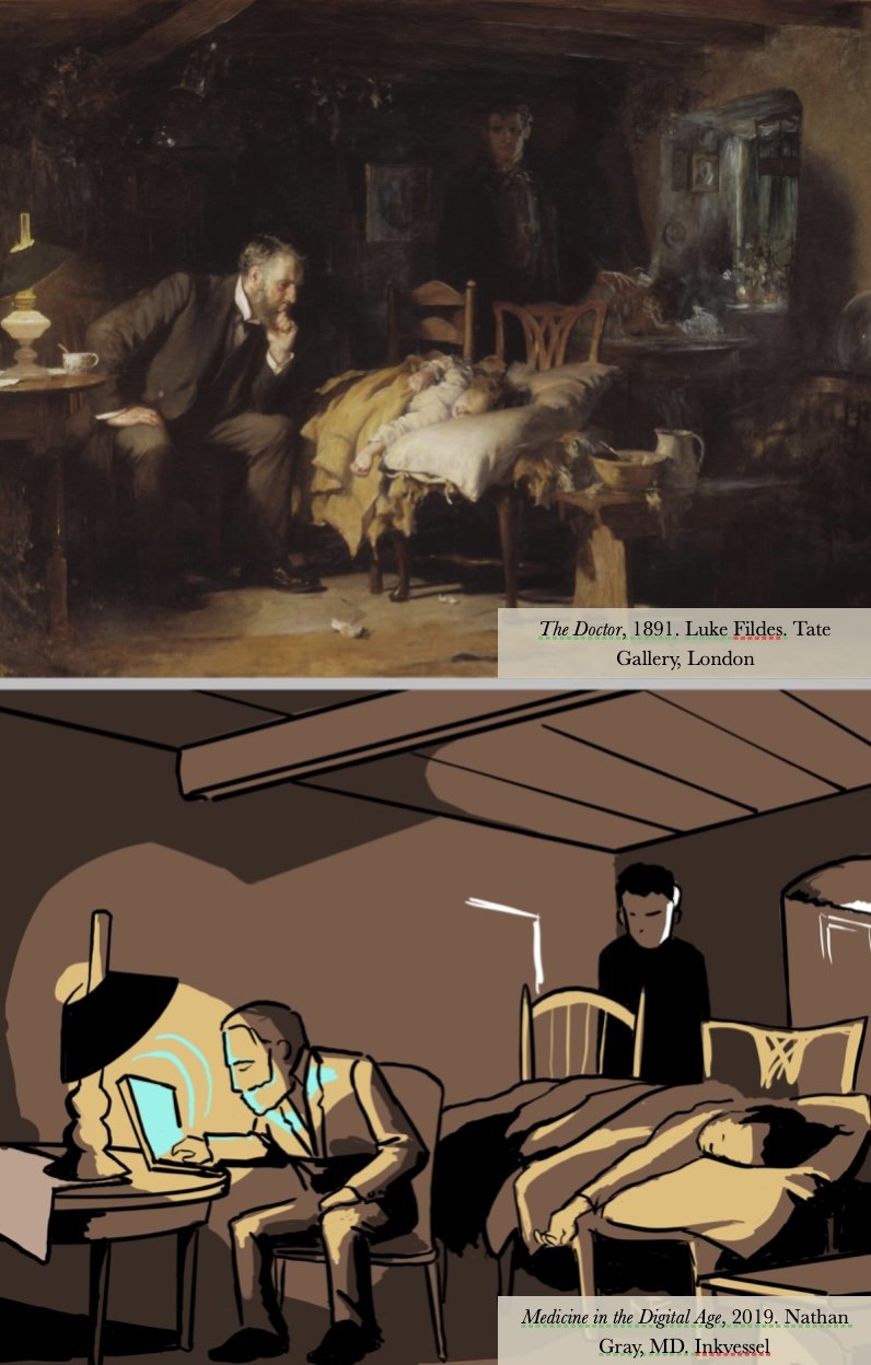 Comparison of two paintings: 'The Doctor' from 1891 shows a scene with a doctor attending to a patient in a rustic room, while 'Medicine in the Digital Age' from 2019 depicts a modern scene with a doctor using a computer and a patient sleeping on a bed in a contemporary setting.