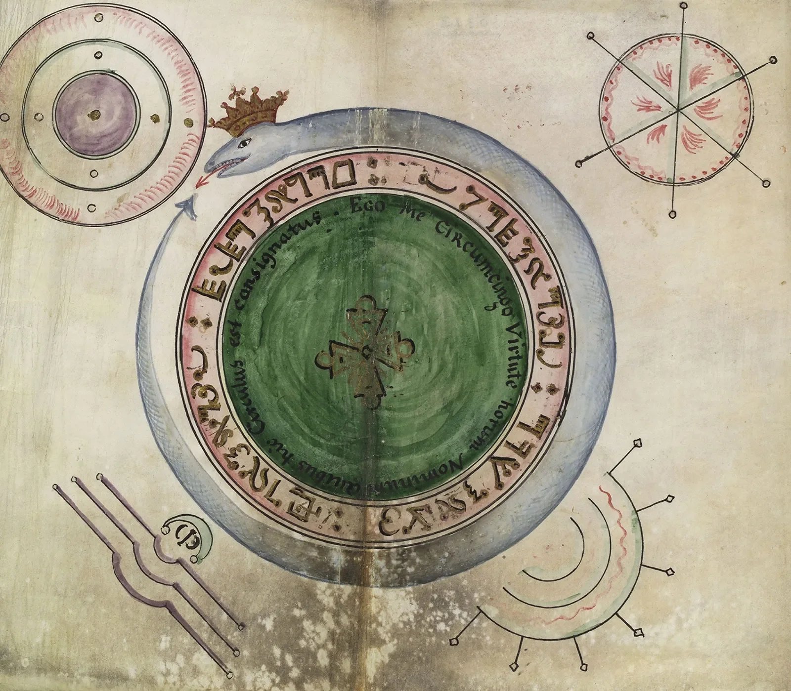 A circular diagram with symbols, text, and mystical illustrations, including a creature with a crown, a clock with hands, and various geometric patterns, resembling an astrological or alchemical chart.