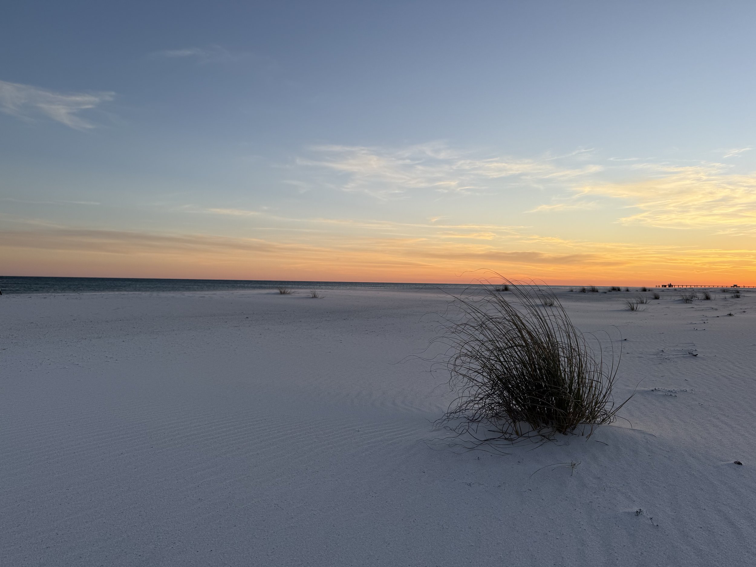 A beach scene at sunset with a colorful sky, sandy shore, sparse vegetation, and a distant pier and small structures.