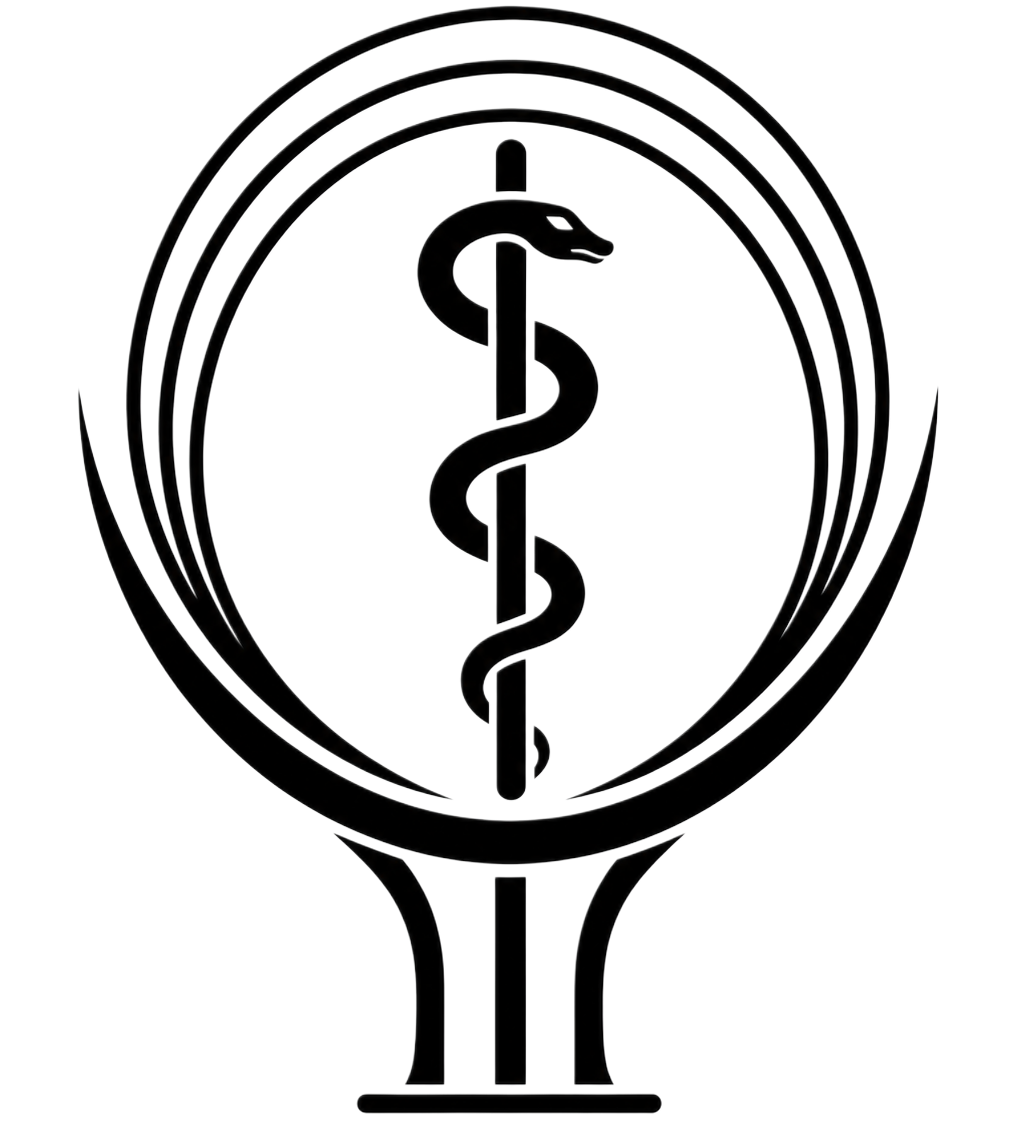Neon outline of a medical caduceus symbol with a snake wrapped around a vertical staff, enclosed in a circular design on a black background.